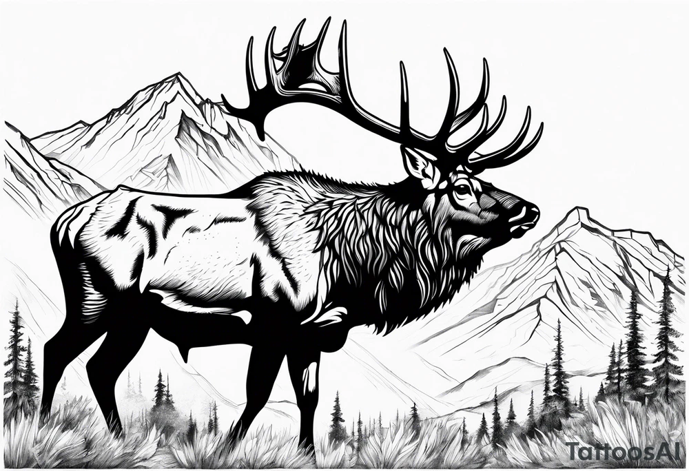 bull elk with mountain landscape in the background tattoo idea