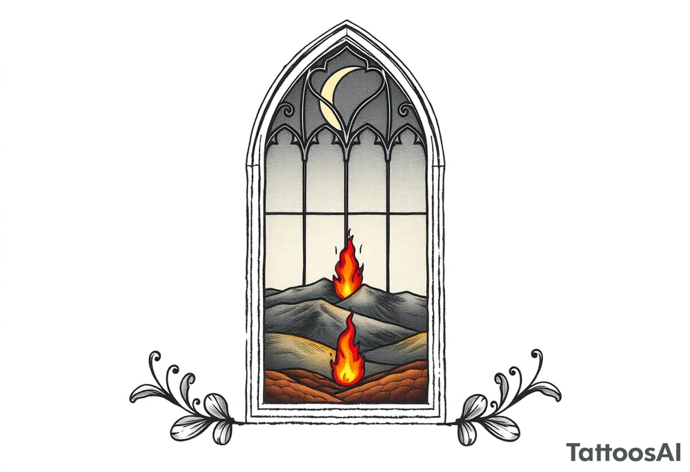 Tall church window with stained glass showcasing crescent moon over a hilly landscape as a fire burns in the distance '


, tattoo idea