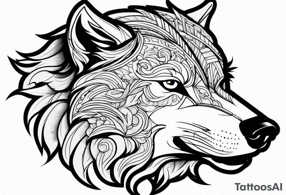 a head of savage wolf with a sword in its mouth facing left tattoo idea
