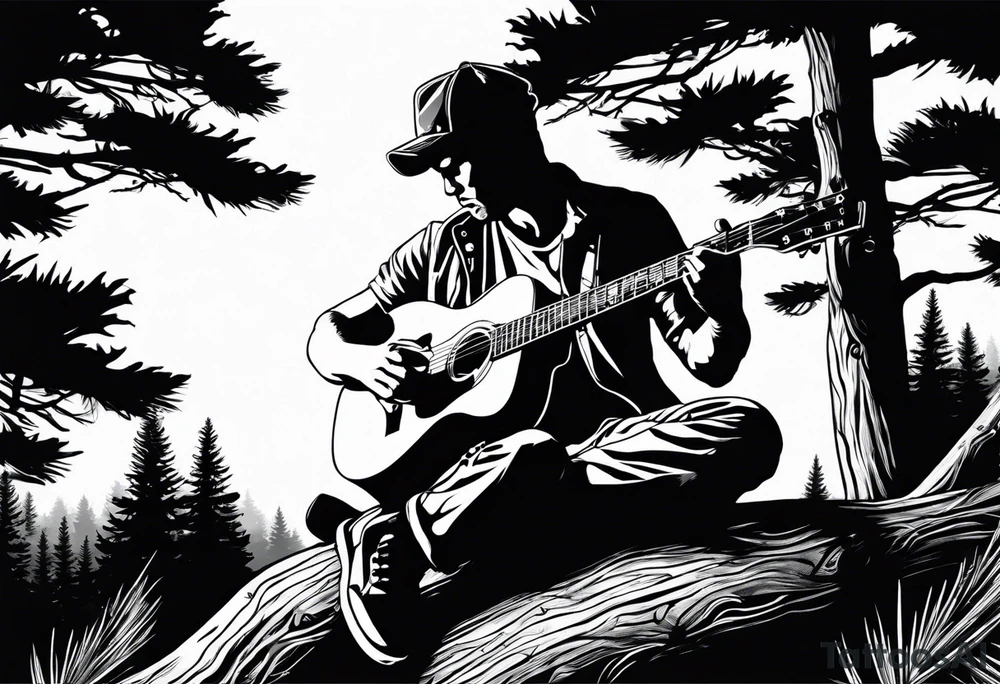 silhouette of a man sitting on a pine tree branch, playing electric guitar tattoo idea