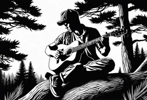 silhouette of a man sitting on a pine tree branch, playing electric guitar tattoo idea