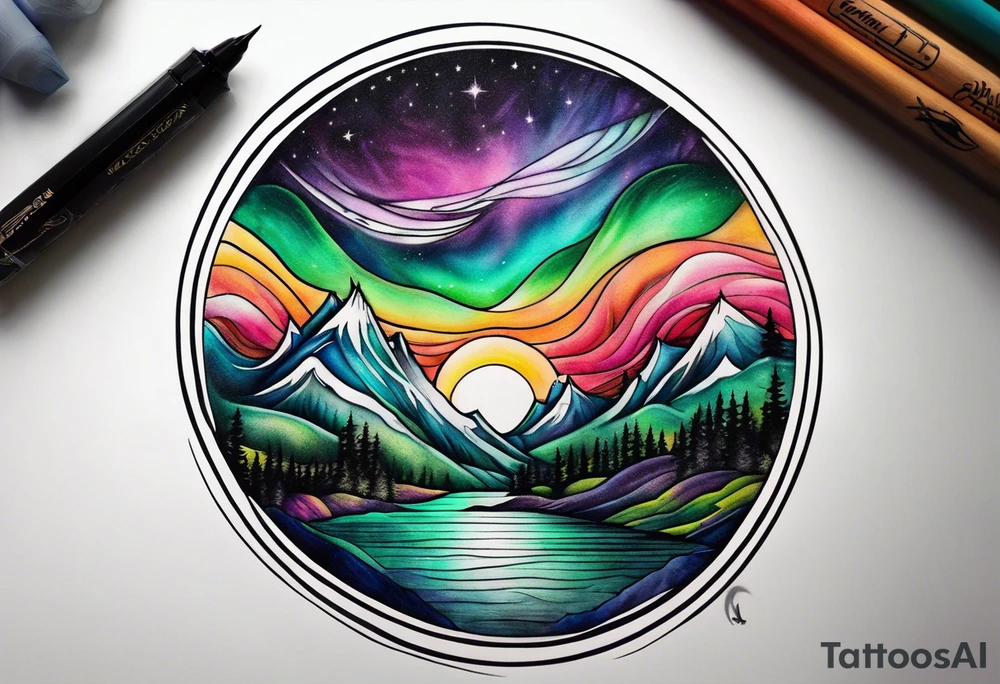 northern lights mountain circle shaped tattoo idea