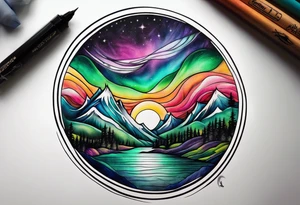 northern lights mountain circle shaped tattoo idea