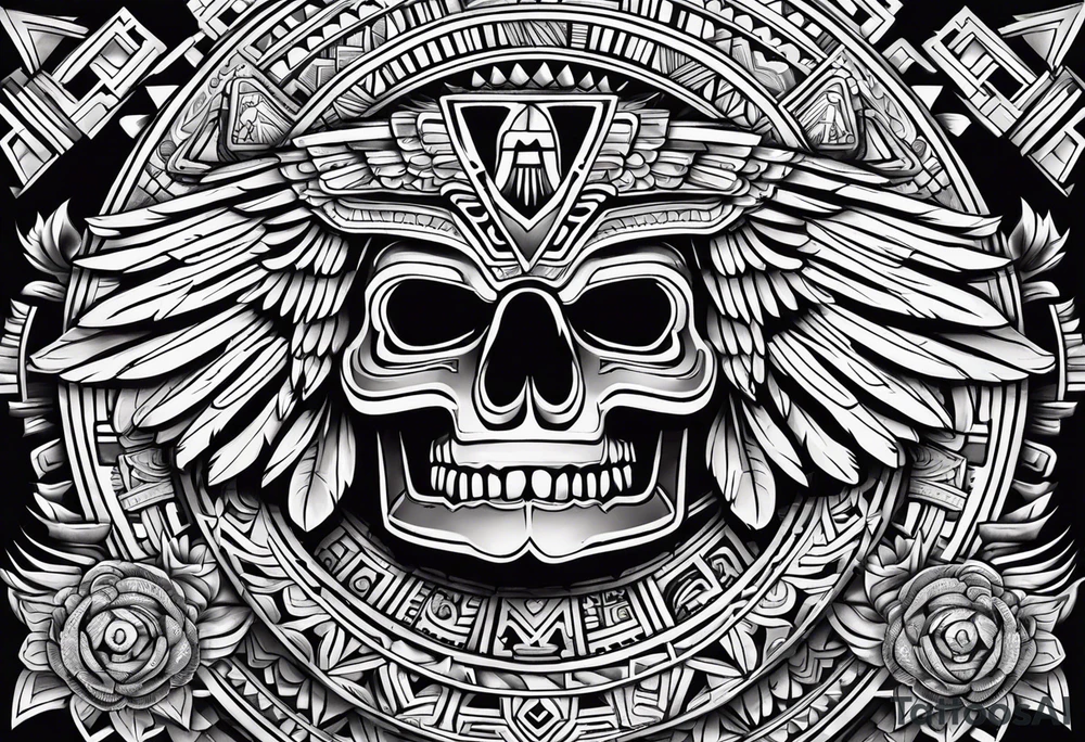 Aztec eagle, with Aztec skull and Aztec symbols signifying resilience tattoo idea