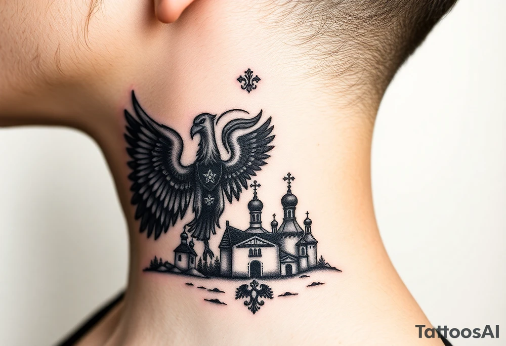 Traditional authentic Russian coat of arms with double headed eagle & a Christian orthodox virgin marry in the middle and silhouette in a Russian wilderness Christian orthodoxy dome church village setting on the side of my neck tattoo idea