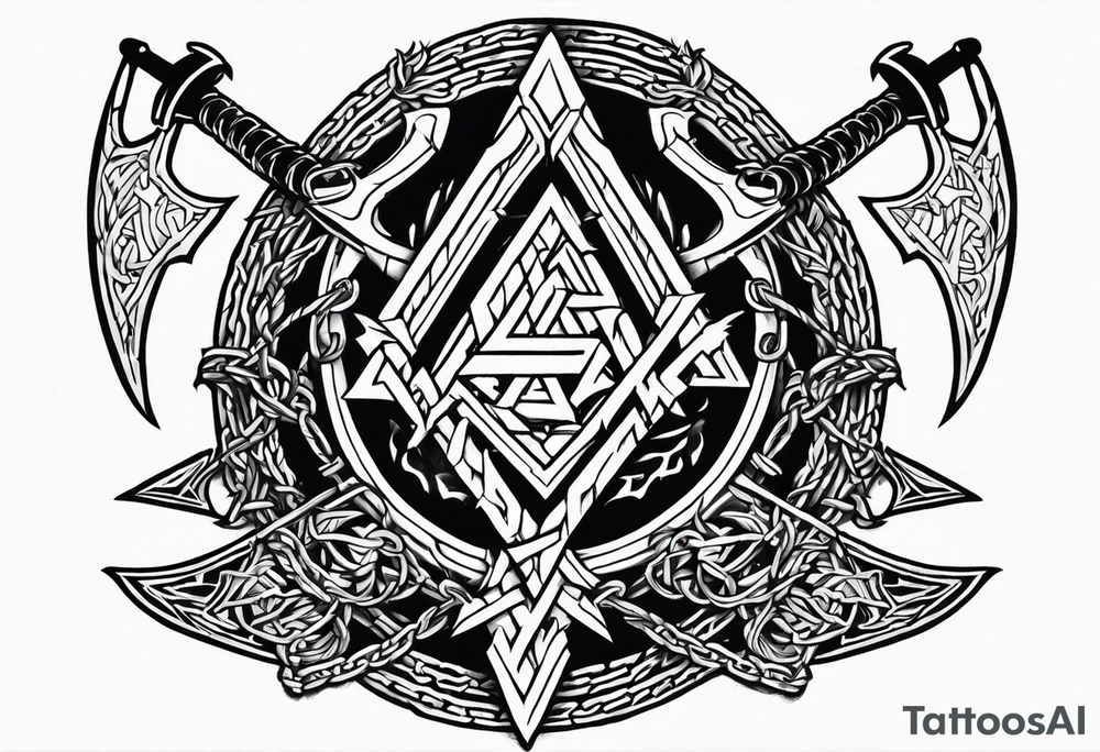 Valhalla sword shield dragon axe Valknut barbed wire chains fire tattoo idea Valhalla sword shield dragon axe Valknut barbed wire chains fire tattoo idea