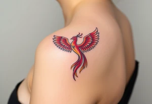 Square, phoenix rising from fire with both wings opened, colors red, pink, orange and purple. tattoo idea