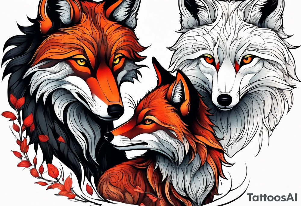 Black wolf and red fox nuzzling tattoo idea