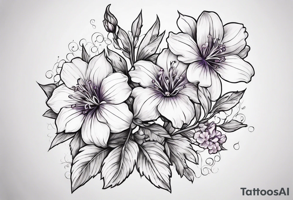 Simple Tattoo of florals of larkspur with stem, carnation with stem, violet, with stem, daisy with stem tattoo idea