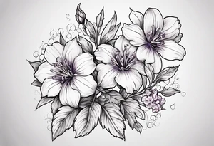 Simple Tattoo of florals of larkspur with stem, carnation with stem, violet, with stem, daisy with stem tattoo idea