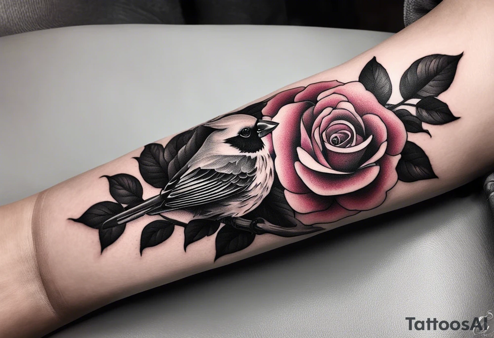 memorial forearm tattoo incorporating roses, a breast cancer ribbon and a cardinal into the tattoo tattoo idea