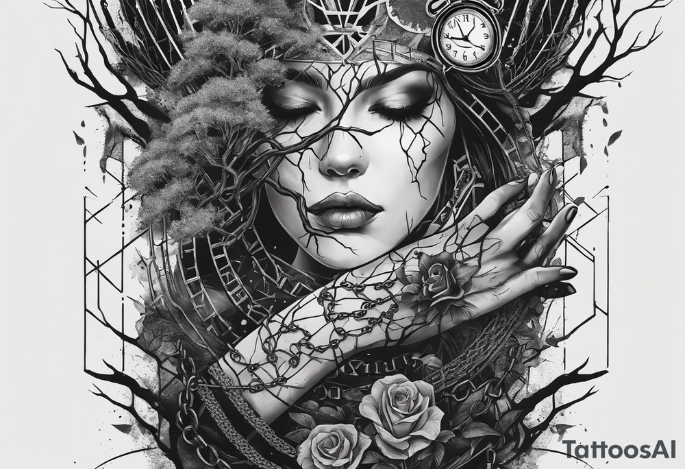 tattoo sleeve, tree roots break out of the chains at the bottom of the hand, Symbolizing loss, an image of a broken mask, Clock with flying numbers, girl, skull, roses tattoo idea