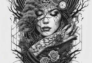 tattoo sleeve, tree roots break out of the chains at the bottom of the hand, Symbolizing loss, an image of a broken mask, Clock with flying numbers, girl, skull, roses tattoo idea