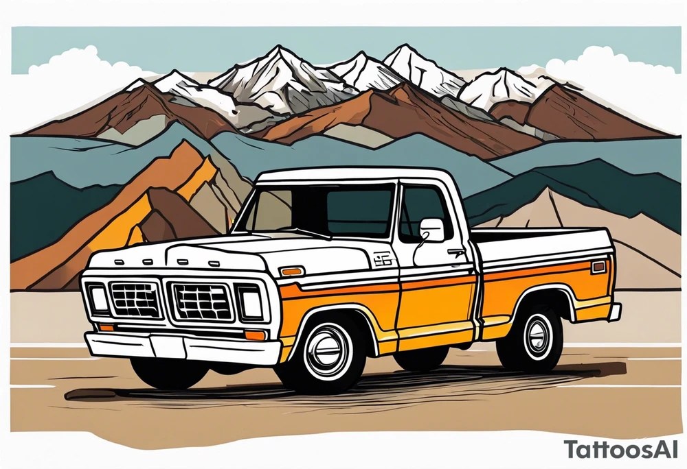 1974 ford f-100 in front of mountains tattoo idea