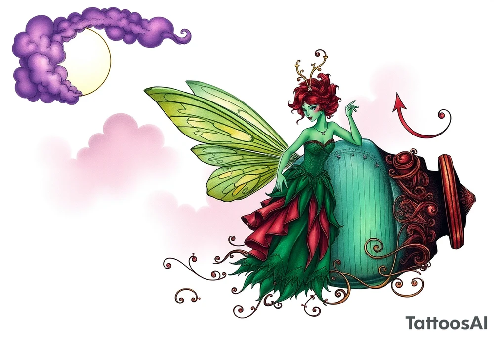 Tim Burton’s kelly doty pin up style Vintage Parisian elegant and hauntingly beautiful yet eerie full body absinthe Green Fairy dances outside her victorian crystal decatur she was once inside this elaborate ornate bottle absinthe bottle Absinthe Art Nouveau   and dripping with muted reds, dusty pinks, and eerie green glow.purple and cyan smokey clouds swirl in the crescent moonlit sky thats sprinkled with stars tattoo idea