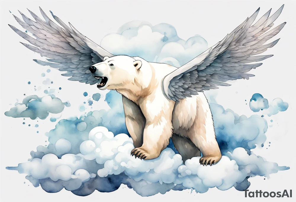 a polar bear with wings, standing on  clouds, roaring tattoo idea