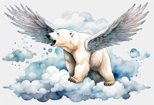 a polar bear with wings, standing on  clouds, roaring tattoo idea