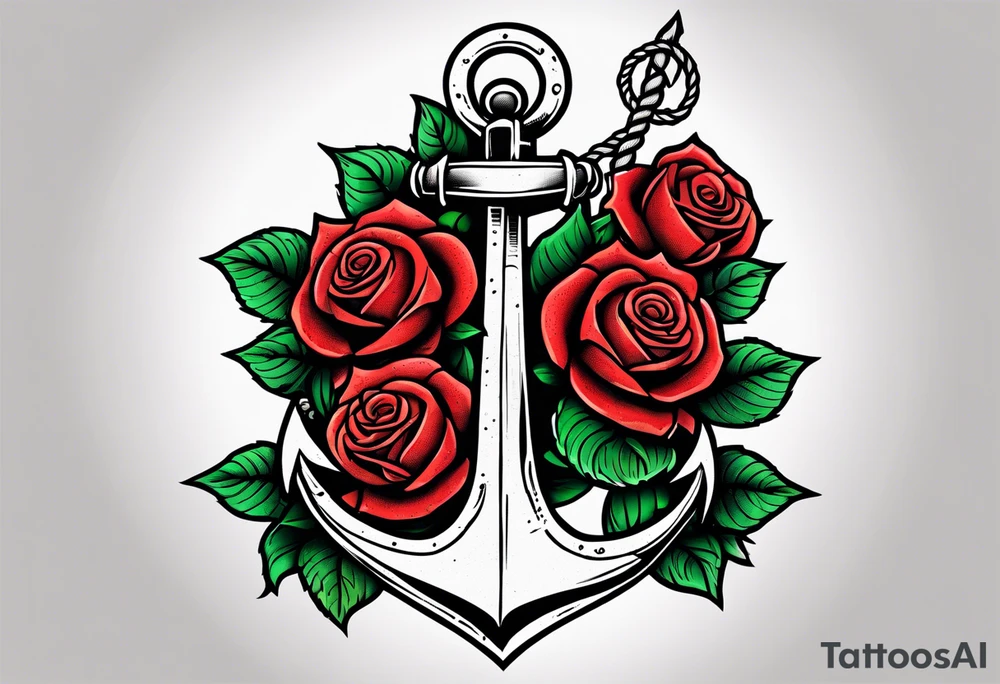 old school anchor sitting at an angle 
with rope wrapped around anchor and banner across anchor and old school roses tattoo idea