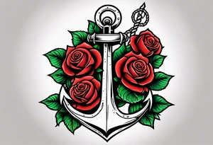 old school anchor sitting at an angle 
with rope wrapped around anchor and banner across anchor and old school roses tattoo idea