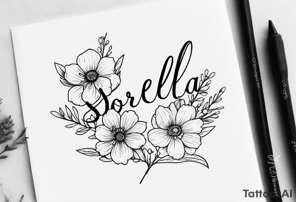 sister tattoo with october and september birth flowers with the word sorella a straight line cursive font connecting the word to the stems of the flowers small tattoo idea