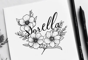 sister tattoo with october and september birth flowers with the word sorella a straight line cursive font connecting the word to the stems of the flowers small tattoo idea