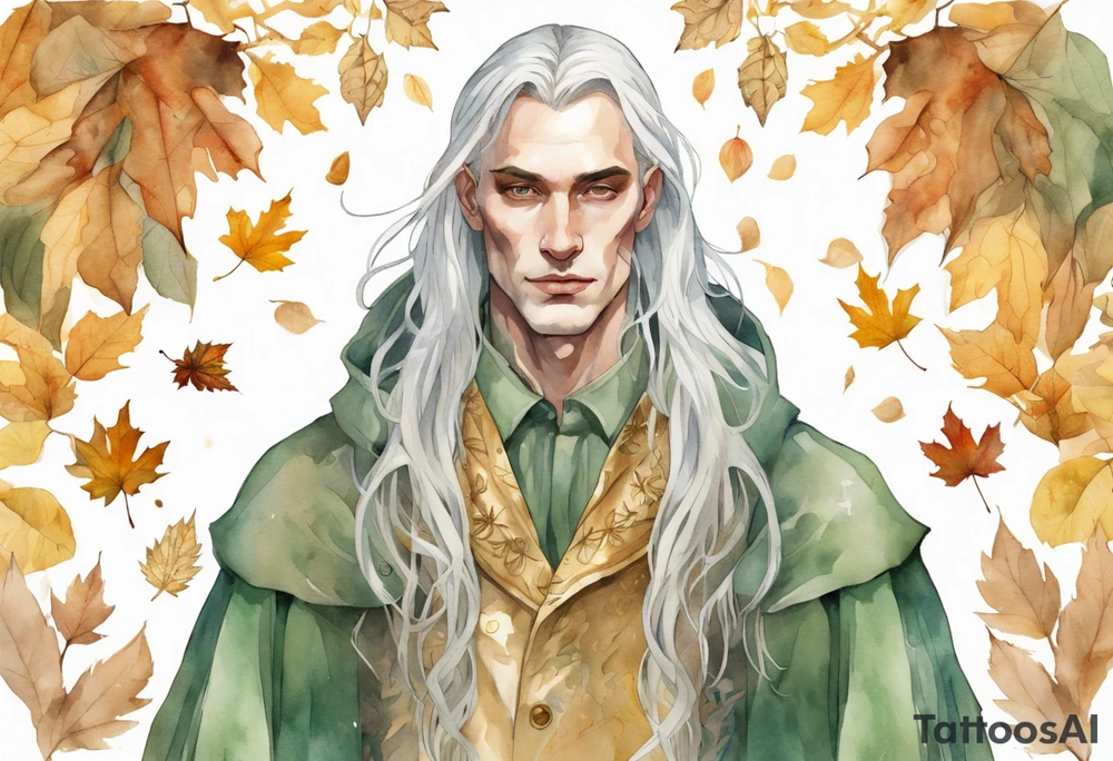 A thin handsome man with pale green skin with long gold and silver hair wearing a gold cloak surrounded by autumn leaves tattoo idea
