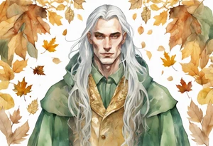 A thin handsome man with pale green skin with long gold and silver hair wearing a gold cloak surrounded by autumn leaves tattoo idea