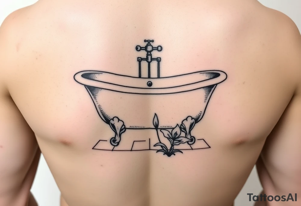 clawfoot bathtub with simple faucet and lily coming up out of the tile floor tattoo idea