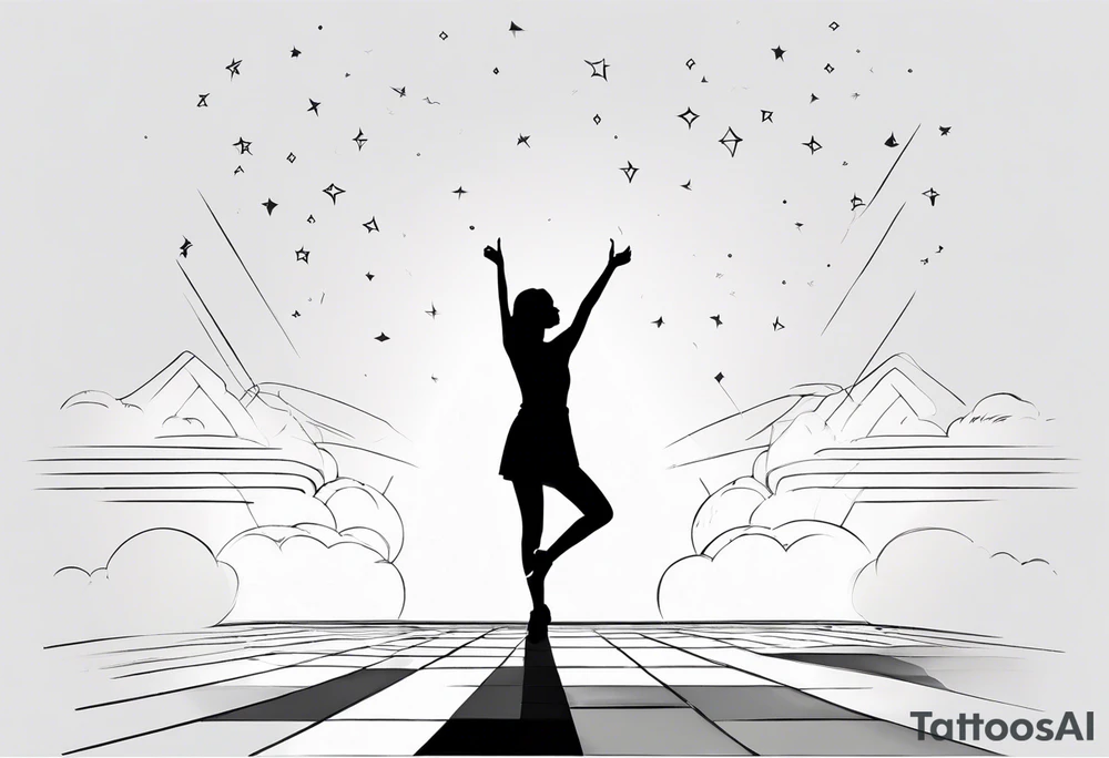 Woman standing with bent knees on a dancefloor pointing her fingers up in the sky tattoo idea