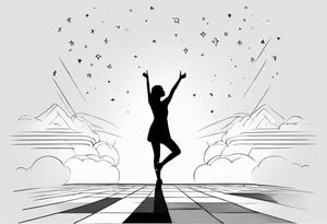 Woman standing with bent knees on a dancefloor pointing her fingers up in the sky tattoo idea