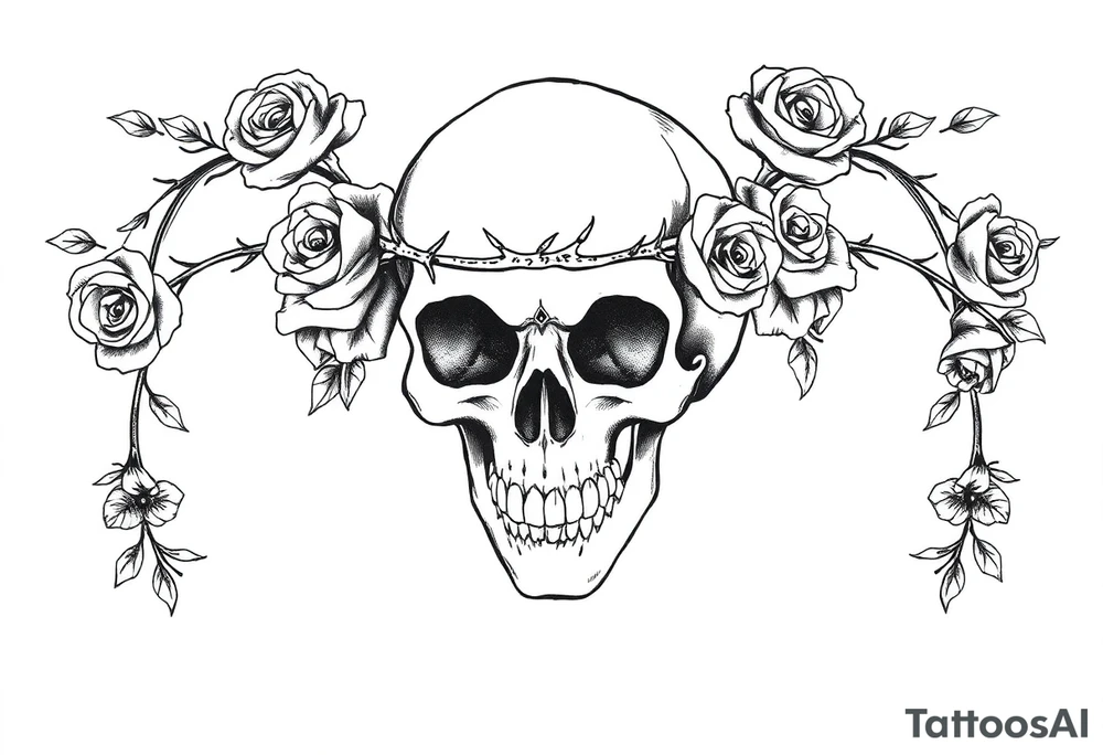 ornate skull adorned with crown of wild roses and thorns tattoo idea