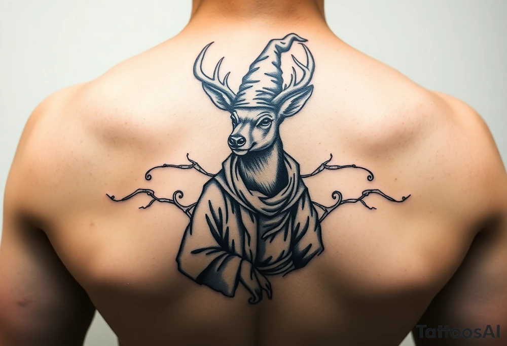 deer wearing wizards clothes and hat tattoo idea