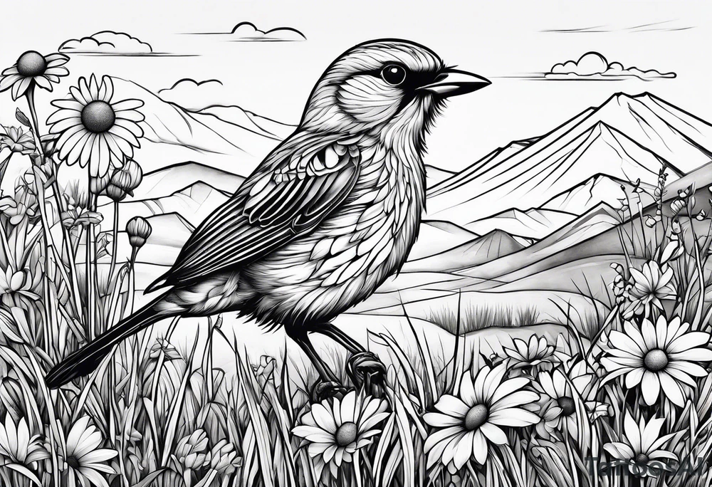 Small bird in field of grass and daisys Mountain View in distance tattoo idea