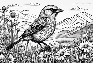 Small bird in field of grass and daisys Mountain View in distance tattoo idea