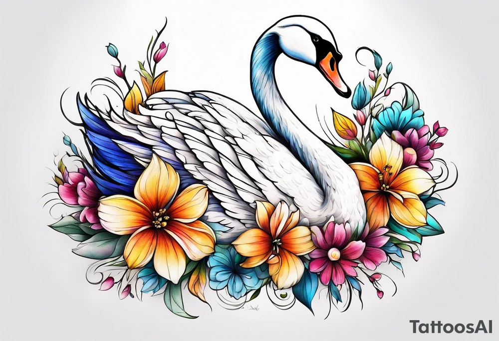 Colorful swan tattoo with flowers tattoo idea