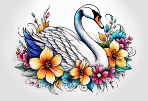 Colorful swan tattoo with flowers tattoo idea