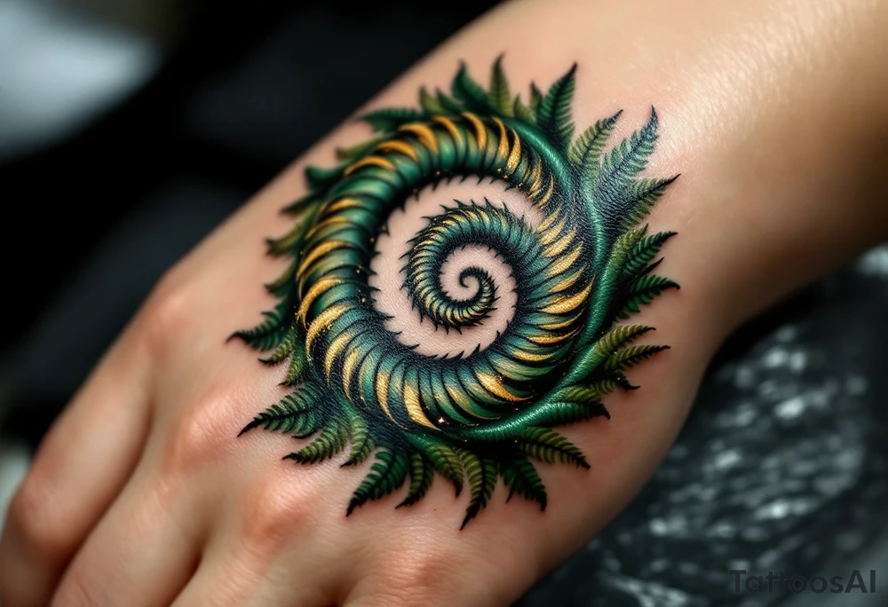 A deep green spiral with golden accents, inspired by the natural pattern of ferns and renewal. tattoo idea