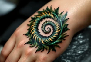 A deep green spiral with golden accents, inspired by the natural pattern of ferns and renewal. tattoo idea