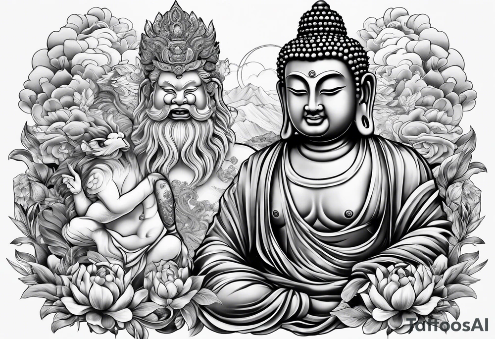 Buddha with monkey king underneath tattoo idea