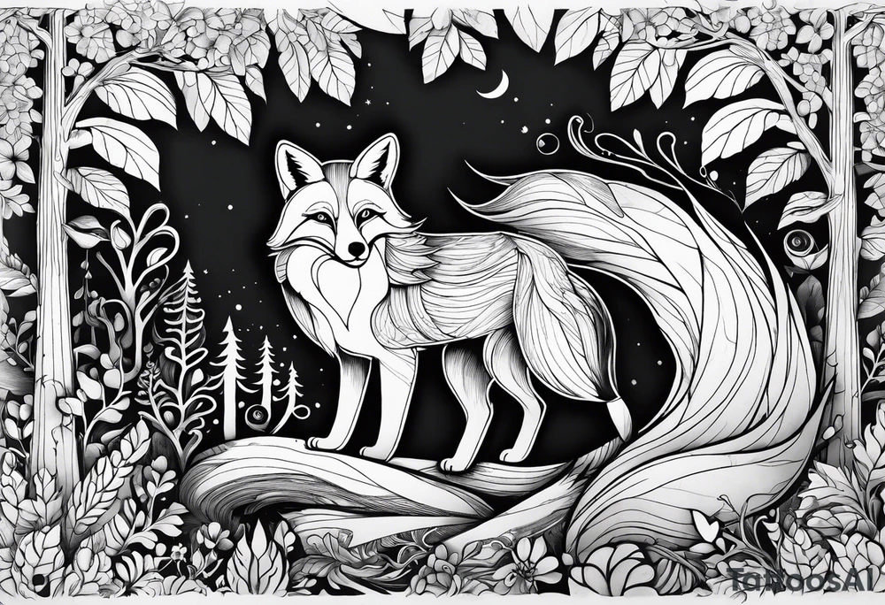 A playful fox with a bushy tail, set in a lush forest, illustrating cleverness and adaptability.” tattoo idea