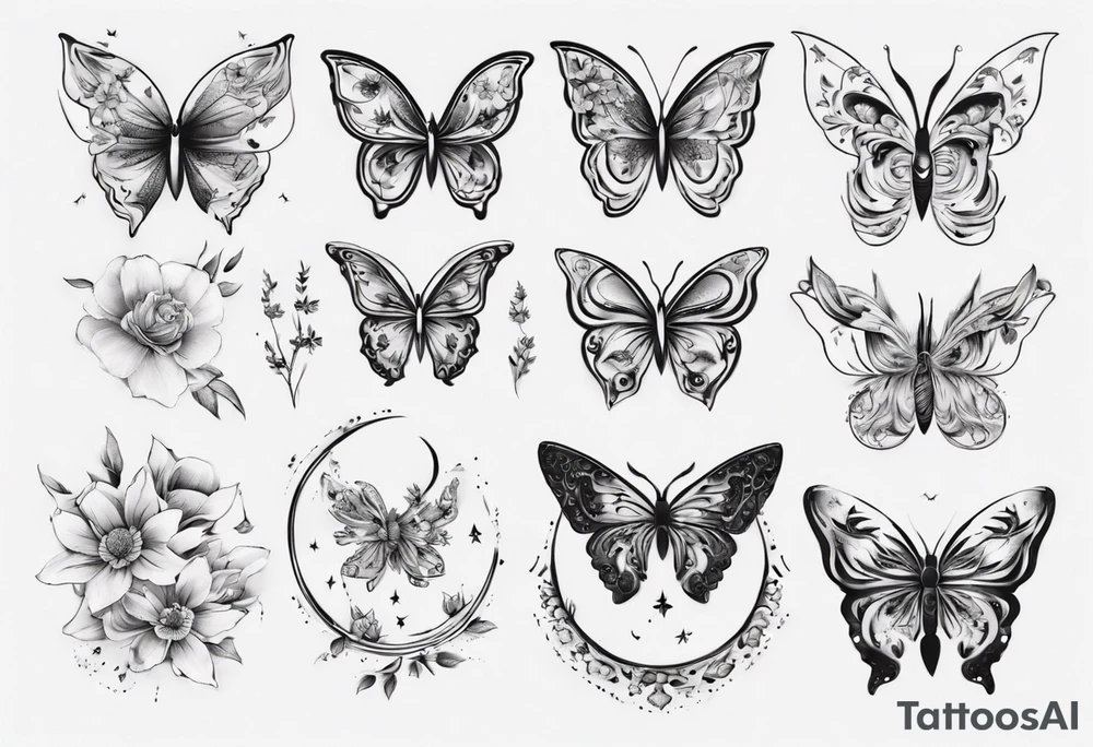 Butterfly wrap tattoos with moon and floral theme tattoo idea