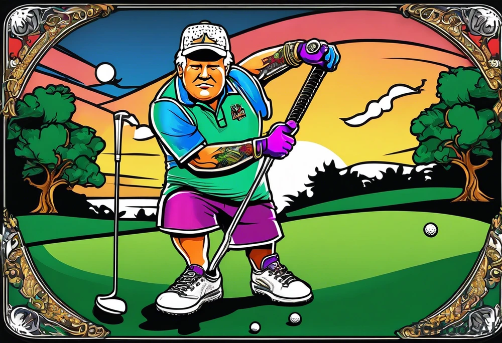 Golfer John Daly wearing the Infinity Gauntlet on one hand and holding a putter on the other hand on the 18th hole of the Masters. tattoo idea