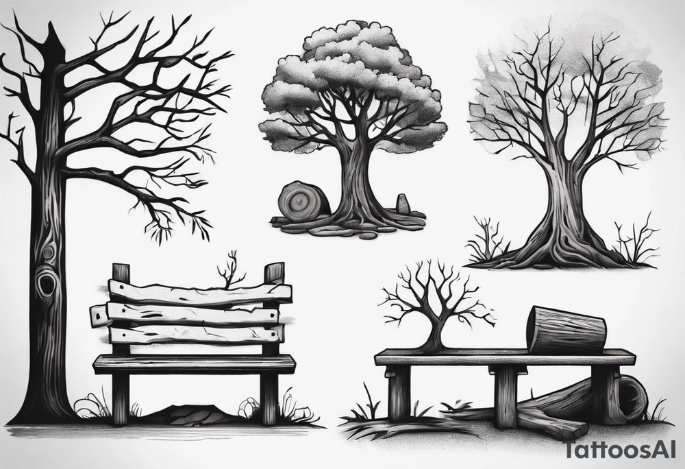 Matching Tattoo about a tree next to a log bench tattoo idea