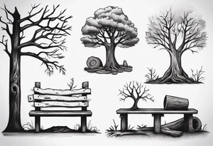 Matching Tattoo about a tree next to a log bench tattoo idea