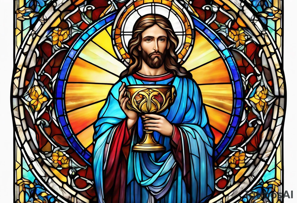 holy saint stained glass holding a chalice tattoo idea
