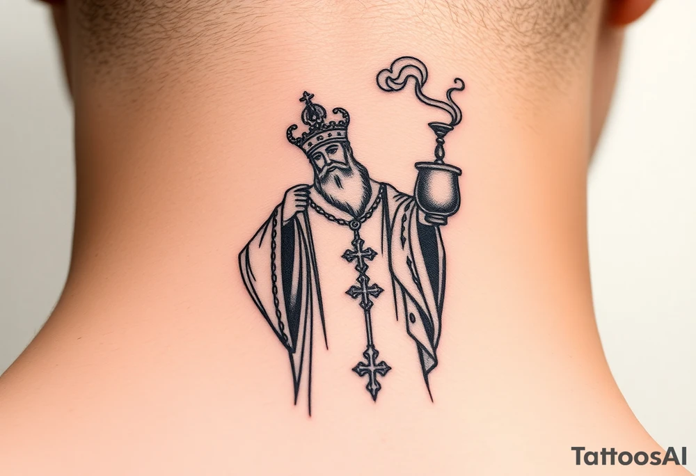 A Russian Orthodox Priest in full gold vestments swinging a censer with smoke curling upward tattoo idea