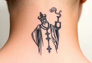 A Russian Orthodox Priest in full gold vestments swinging a censer with smoke curling upward tattoo idea