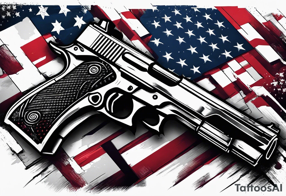 Distressed American flag behind cross with 2 guns leaned on it tattoo idea