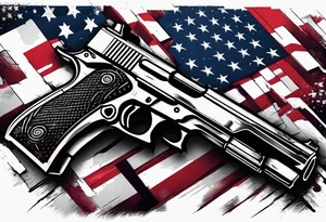 Distressed American flag behind cross with 2 guns leaned on it tattoo idea