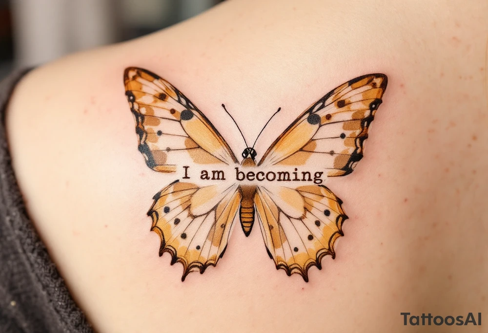 “I am becoming” in sepia brown typewriter font, paired with a butterfly in warm amber tones. tattoo idea